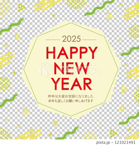 白色背景上有蛇和 POP 日本圖案插圖的新年賀卡_水平_新年快樂_綠色 121021491