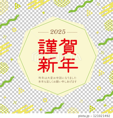 蛇とPOPな和柄のイラストの白背景の年賀状_横長_謹賀新年_緑 121021492