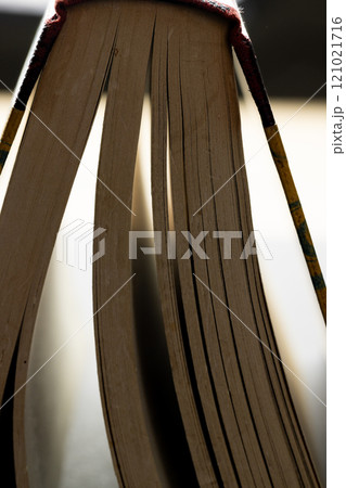Micro of book pages and copy space on grey background 121021716