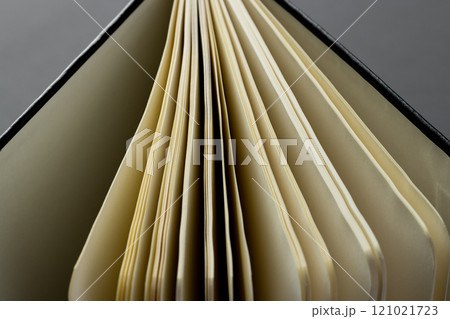 Micro of notebook pages and copy space on grey background 121021723