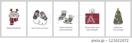 Set of Cute Minimalist Christmas Greeting Cards with Cozy Winter Elements, Cat, Gifts, and Tree Decorations. Vector illustration 121022072