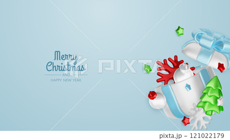 Happy New Year and Merry Christmas. Christmas holiday background with realistic 3d objects, bauble balls, conical metal stars. Levitation falling design composition. Happy New Year and Merry Christmas. Christmas holiday background with realistic 3d objects, bauble balls, conical metal stars. Levitation falling design composition. 121022179