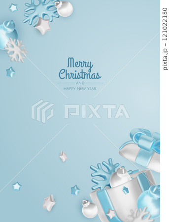 Happy New Year and Merry Christmas. Christmas holiday background with realistic 3d objects, bauble balls, conical metal stars. Levitation falling design composition. Happy New Year and Merry Christmas. Christmas holiday background with realistic 3d objects, bauble balls, conical metal stars. Levitation falling design composition. 121022180
