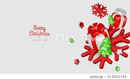 Happy New Year and Merry Christmas. Christmas holiday background with realistic 3d objects, violet and white bauble balls, conical metal stars, gift. Levitation falling design composition. 121022193