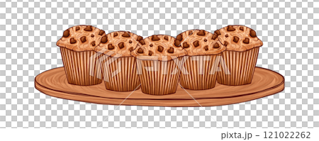Chocolate chip muffins arranged on a wooden platter. Wooden base adds warmth to the dessert display. Freshly baked cupcakes with a rustic presentation. Perfect for recipe blogs or food branding 121022262
