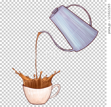 Coffee being poured from a blue kettle into a cup with a dramatic splash. Minimalist artwork highlighting fluid motion and vibrant coffee tones. For modern cafe visuals, menus, or advertising campaign 121022263