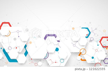 Scientific fbstract background. White hexagons with a plexus effect and circles connected by lines. Hand drawn vector. 121022335