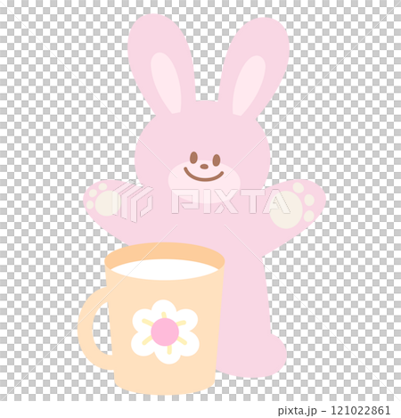 Illustration of pink bunny and milk mug for cartoon character, comic, mascot, animal, happy easter, zoo, souvenir shop, plush toy, rabbit doll, bedtime drink, pet shop, vet, menu, cafe, snack, sticker 121022861