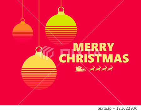 Merry Christmas. Greeting card with a hanging Christmas ball in retro style of the 80s. Synthwave and retrowave style. Festive design for invitation, banners and posters. Vector illustration Merry Christmas. Greeting card with a hanging Christmas ball in retro style of the 80s. Synthwave and retrowave style. Festive design for invitation, banners and posters. Vector illustration 121022930