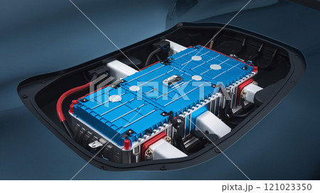 The lithium battery pack for an electric automobile is depicted with electrical connections, highlighting the essential components of contemporary automotive technology in a vivid blue hue.  121023350