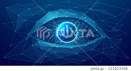 Technology eye with a circle Power button with neon circuit wires 121023506