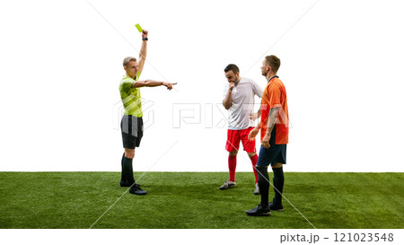 Moment of justice. Referee showing yellow card to one of the players broke the rules, isolated on white background Moment of justice. Referee showing yellow card to one of the players broke the rules, isolated on white background 121023548