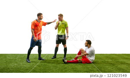 Referee standing next to men, soccer players from opposite team confronting, and resolving conflict Referee standing next to men, soccer players from opposite team confronting, and resolving conflict 121023549