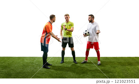 Referee standing between two arguing man, soccer players from opposite team in confrontation, isolated on white background 121023551