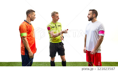 Referee holding red coin to the man in white and red uniform, opponent in orange uniform standing near, isolated on white background Referee holding red coin to the man in white and red uniform, opponent in orange uniform standing near, isolated on white background 121023587