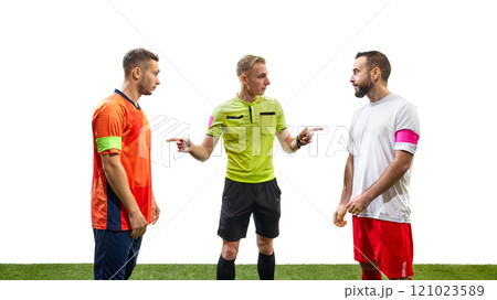 Referee standing between two soccer players for opposite team, gesturing and telling the rules before the game, isolated on white background 121023589