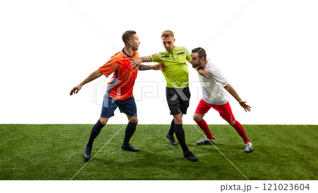 Referee physically separating two players in t heat of confrontation, argument, symbolizing authority and fairness in game. 121023604
