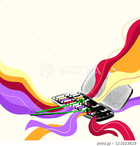Vibraphone creating colorful symphony, blending metallic tones with vibrant essence of modern jazz improvisation. Creative art collage. Vibraphone creating colorful symphony, blending metallic tones with vibrant essence of modern jazz improvisation. Creative art collage. 121023628