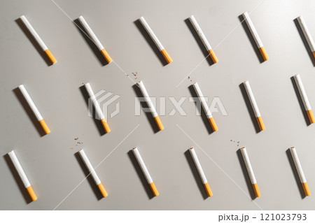 World no tobacco day concept template. Flat layout of cigarettes or tobacco on gray background. 121023793