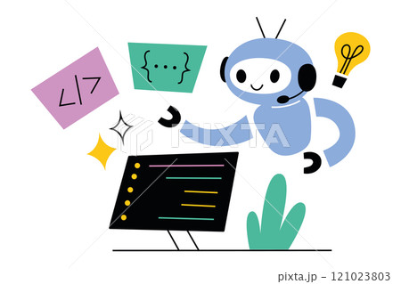 Cartoon robot writing code, programming software, artificial intelligence assisting developers. Futuristic technology concept, doodle icons. Vector illustration in flat, and cartoon style 121023803