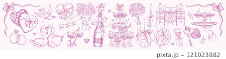 Coquettish wedding doodle set, vector watercolor hand drawn romantic love illustration, champagne.  121023882