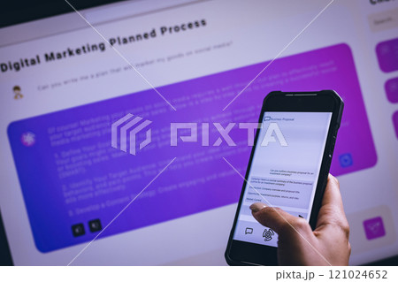 Biracial businesswoman using smartphone and computer with data background 121024652