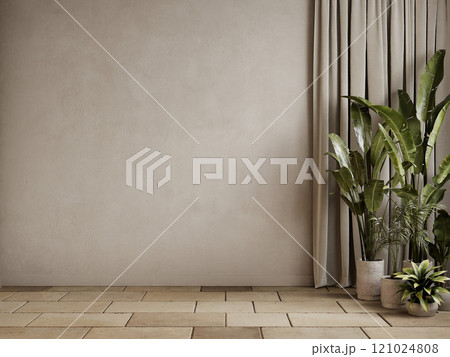 Beige gray empty interior with tile floor, plants and curtain. 3d render illustration mockup. 121024808