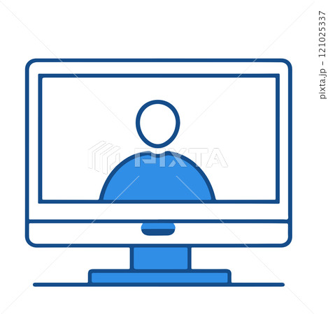 Simple blue illustration of a person on a computer screen representing virtual communication 121025337