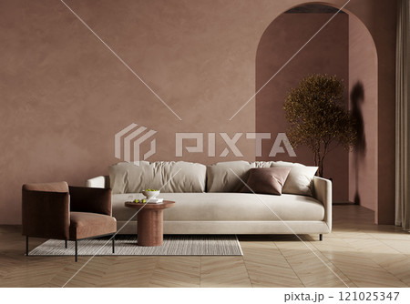 Luxury living room in warm Mocha mousse 2025 color trend. Brown walls, light gray lounge furniture. Empty background microcement for art Luxury living room in warm Mocha mousse 2025 color trend. Brown walls, light gray lounge furniture. Empty background microcement for art 121025347