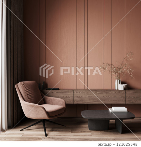 Brown chairs and paneled walls - minimal lounge room design. Chocolate colors trendy mocha mousse 2025. Brown chairs and paneled walls - minimal lounge room design. Chocolate colors trendy mocha mousse 2025. 121025348