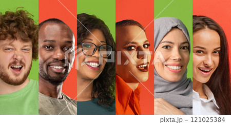 Collage with narrow stripes made with portrait of different young people, men and women of various nationality and race, smiling on colorful background. Collage with narrow stripes made with portrait of different young people, men and women of various nationality and race, smiling on colorful background. 121025384