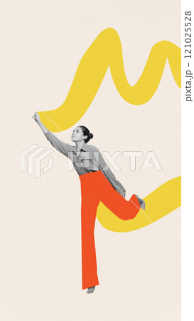 Contemporary art collage. Woman in bright orange pants stretches upward, touching wavy yellow shape, symbolizing reaching for goals. 121025528