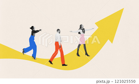Contemporary art collage. Three workers with draw n clothes, walk along yellow arrow curving upward, symbolizing progress or growth. Contemporary art collage. Three workers with draw n clothes, walk along yellow arrow curving upward, symbolizing progress or growth. 121025550