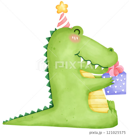 Cartoon crocodile on birthday party, hand drawn watercolor 121025575