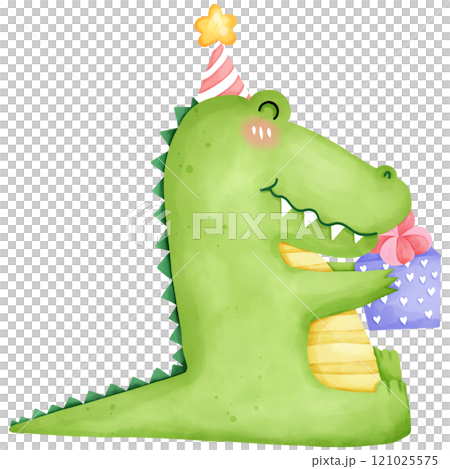 Cartoon crocodile on birthday party, hand drawn watercolor 121025575