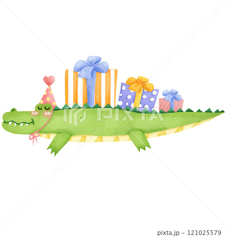Cartoon crocodile on birthday party, hand drawn watercolor 121025579