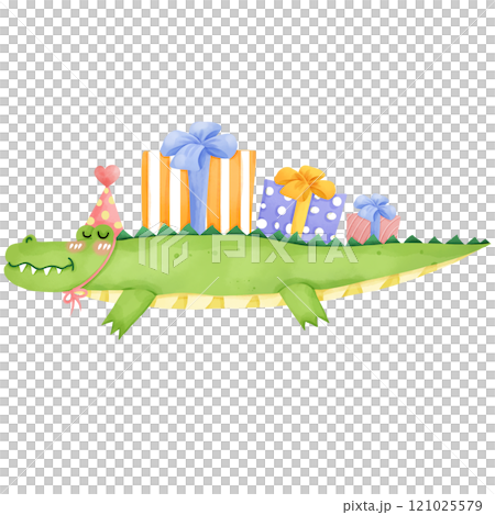 Cartoon crocodile on birthday party, hand drawn watercolor 121025579