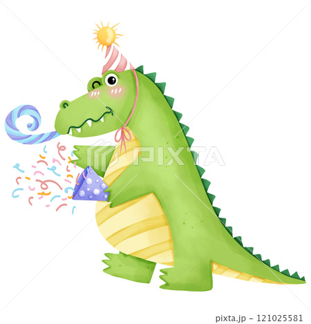 Cartoon crocodile on birthday party, hand drawn watercolor 121025581
