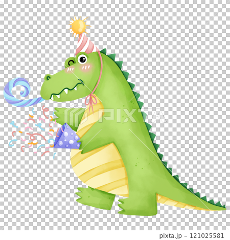 Cartoon crocodile on birthday party, hand drawn watercolor 121025581