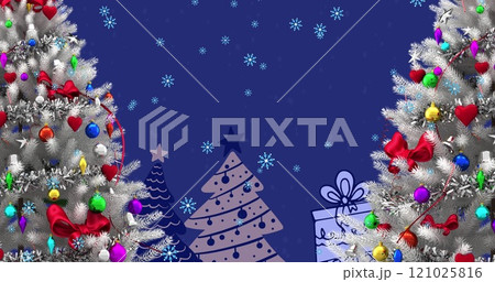 Image of snow falling over christmas tree on blue background Image of snow falling over christmas tree on blue background 121025816