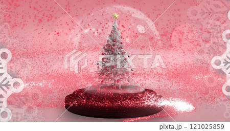 Image of falling stars over snow globe with christmas tree on pink background 121025859