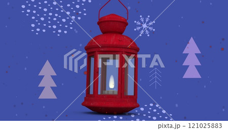 Image of christmas lantern over christmas tree pattern 121025883
