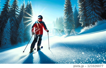 スキーをするスキーヤーの後ろ姿と眩しい反射光 121026077