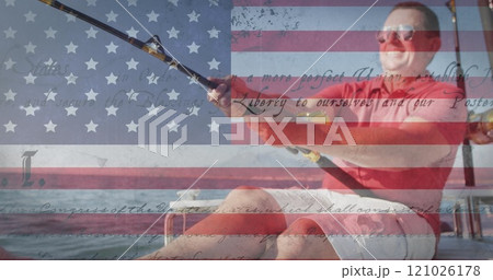 Image of smiling man fishing over american flag and constitution text 121026178