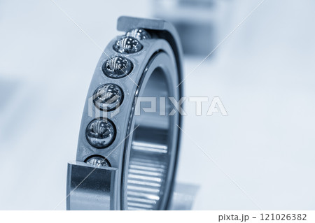 Close up scene cutaway the ball bearing parts in the light blue scene. 121026382