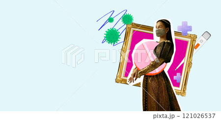 Medieval royal person, woman with gold frame, surrounded by virus symbols, pill, and medical elements like thermometer. Contemporary art collage. 121026537