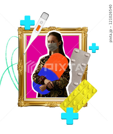 Woman in historical attire holding giant pill, framed by modern medical elements like tablets, thermometer, and cross. Contemporary art collage. Woman in historical attire holding giant pill, framed by modern medical elements like tablets, thermometer, and cross. Contemporary art collage. 121026540