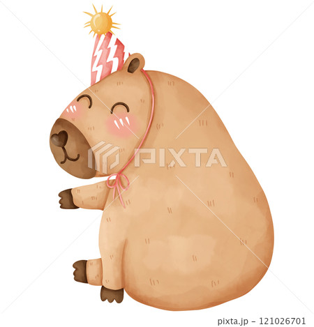 Cartoon capybara on birthday party, hand drawn watercolor 121026701