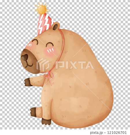 Cartoon capybara on birthday party, hand drawn watercolor 121026701