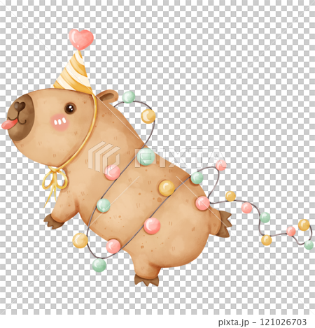 Cartoon capybara on birthday party, hand drawn watercolor Cartoon capybara on birthday party, hand drawn watercolor 121026703